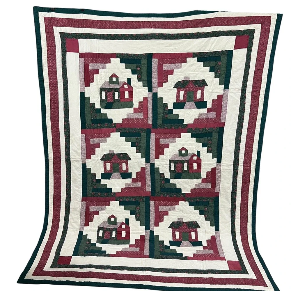 Handmade Log Cabin Schoolhouse Patchwork Quilt Green Cream Farmhouse 80x65